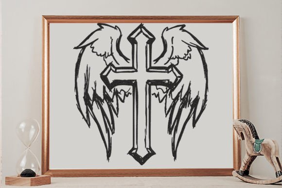 Cross and Angel Wings, Hand Drawn